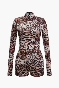 Leopard Print Long Sleeve Bodycon Romper