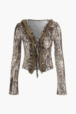 Leopard Print Mesh Long-Sleeve Top