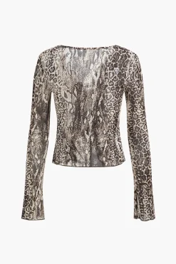 Leopard Print Mesh Long-Sleeve Top