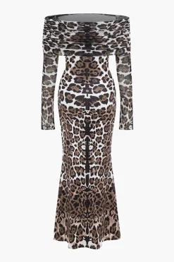Leopard Print Mesh Off Shoulder Long Sleeve Maxi Dress