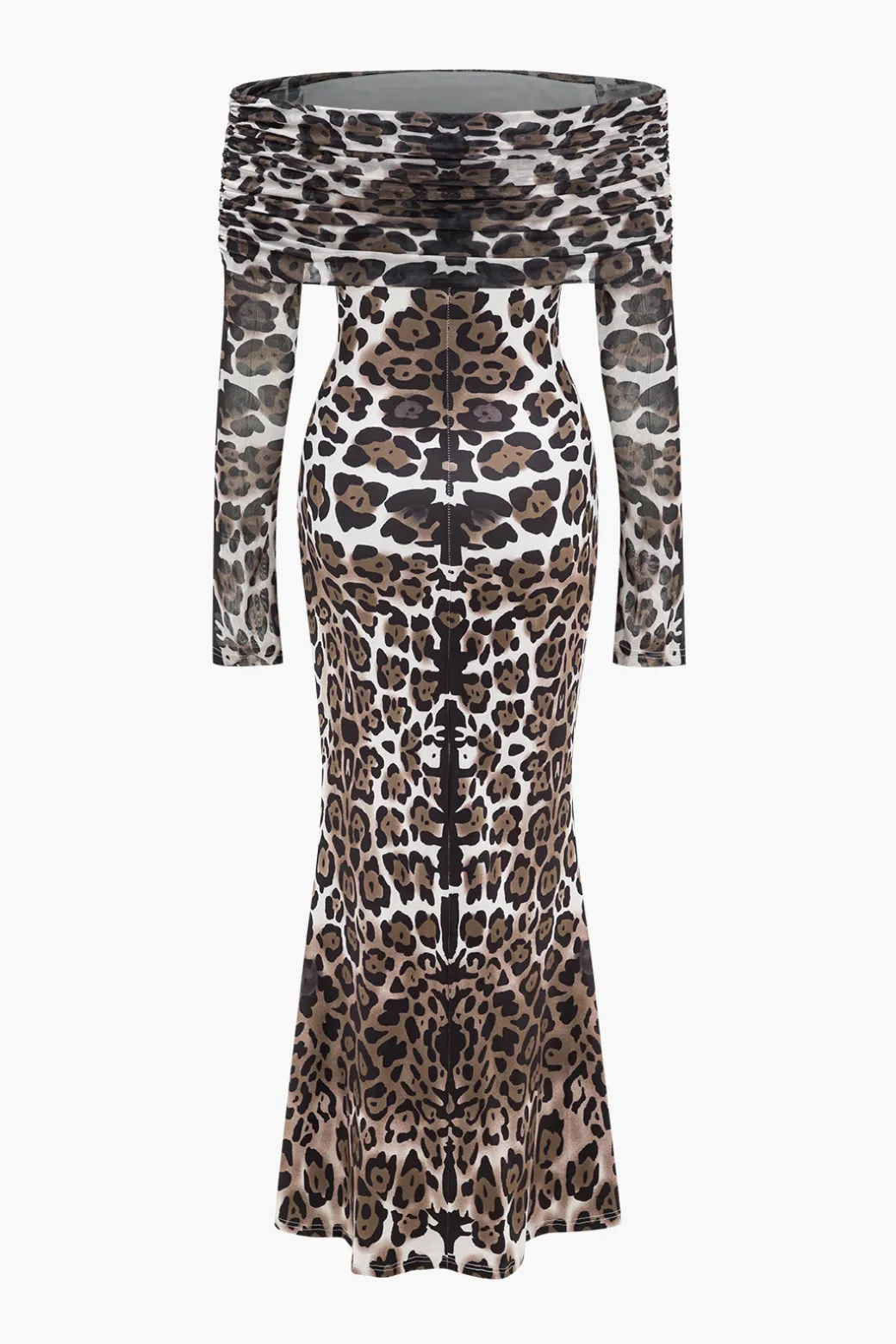 Leopard Print Mesh Off Shoulder Long Sleeve Maxi Dress