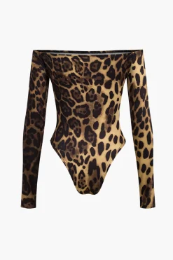 Leopard Print Off Shoulder Long Sleeve Bodysuit