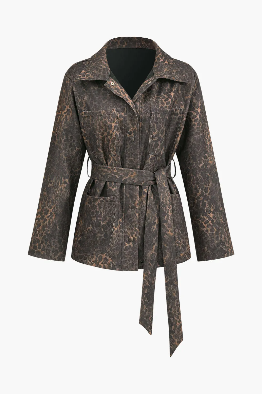 Leopard Print Pocket Button Belted Jacket