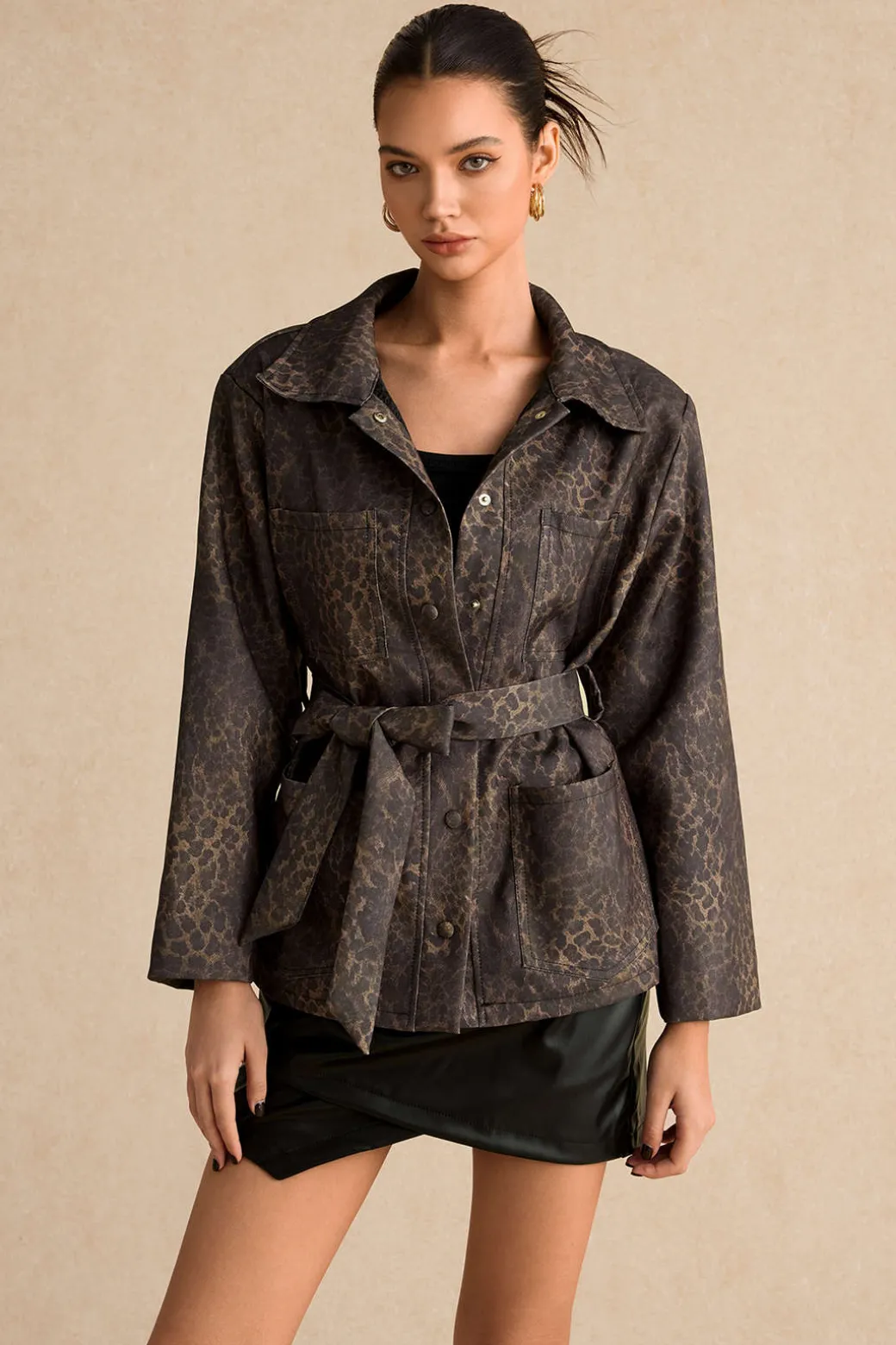 Leopard Print Pocket Button Belted Jacket