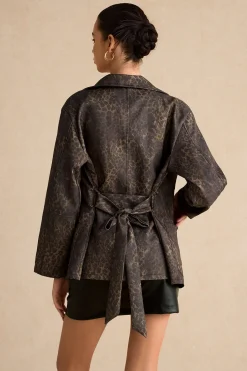 Leopard Print Pocket Button Belted Jacket