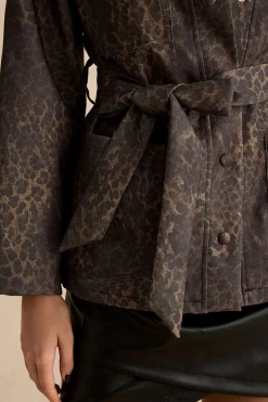 Leopard Print Pocket Button Belted Jacket