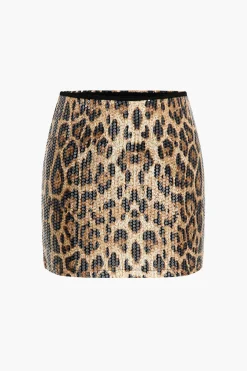 Leopard Print Sequin Low Neckline Skirt Set