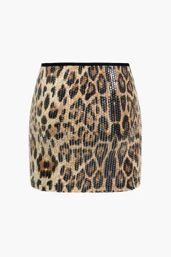 Leopard Print Sequin Low Neckline Skirt Set