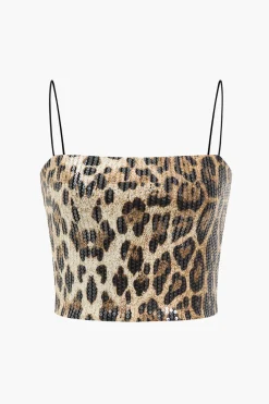 Leopard Print Sequin Shiny Cropped Cami Top