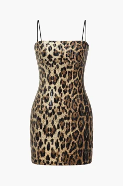 Leopard Print Sequins Spaghetti Strap Mini Dress