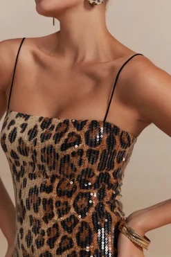 Leopard Print Sequins Spaghetti Strap Mini Dress