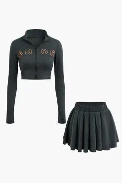 Letter Embroidered Rib Knit Stand Collar Zipper Crop Cardigan And Pleated Mini Skirt Set