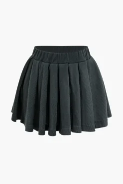 Letter Embroidered Rib Knit Stand Collar Zipper Crop Cardigan And Pleated Mini Skirt Set