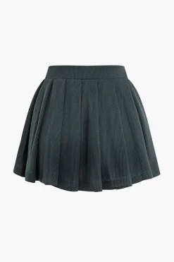 Letter Embroidered Rib Knit Stand Collar Zipper Crop Cardigan And Pleated Mini Skirt Set