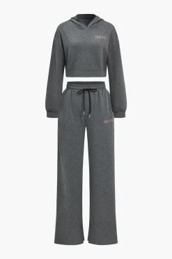 Letter Embroidery Hooded Top And Tie-Up Trousers Set