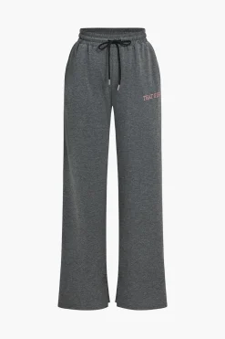 Letter Embroidery Hooded Top And Tie-Up Trousers Set