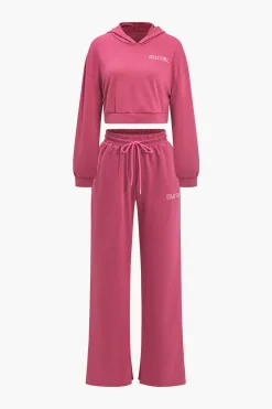 Letter Embroidery Hooded Top And Tie-Up Trousers Set