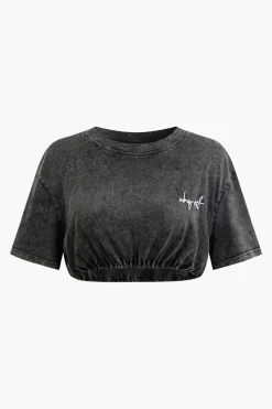Letter Embroidery Ruched Crop T-shirt