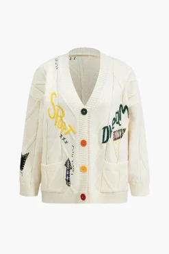 Letter Embroidery Sweater Cardigan