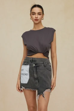 Letter Print Frayed Hem Denim Skirt