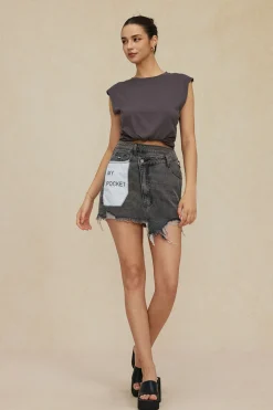 Letter Print Frayed Hem Denim Skirt