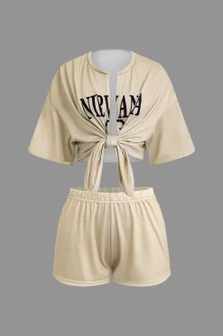 Letter Print Tie Front Crop Top And Shorts Set