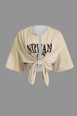Letter Print Tie Front Crop Top And Shorts Set