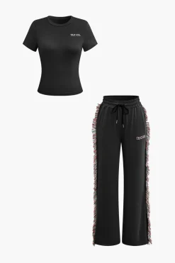 Letter Print T-shirt And Tassel Drawstring Pants Set