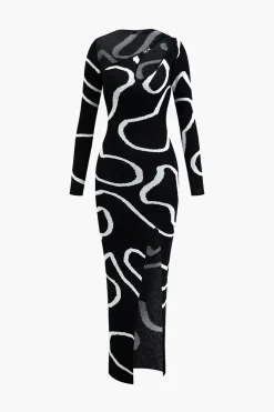 Line Pattern Cut Out Slit Knit Maxi Dress