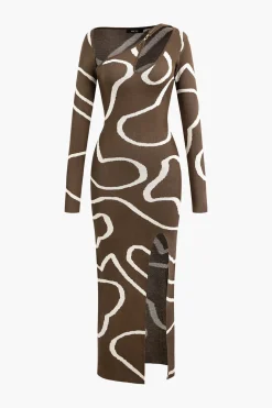 Line Pattern Cut Out Slit Knit Maxi Dress