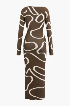 Line Pattern Cut Out Slit Knit Maxi Dress