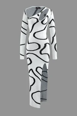 Line Pattern Cut Out Slit Knit Maxi Dress