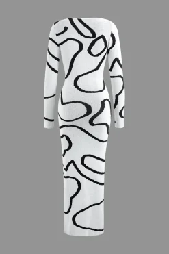 Line Pattern Cut Out Slit Knit Maxi Dress