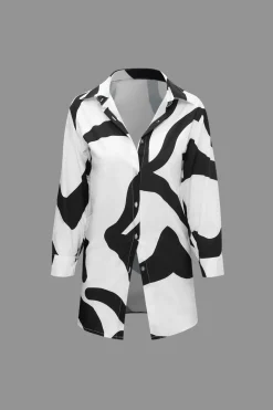 Line Print Button Up Shirt And High Waist Wide Leg Pants Set