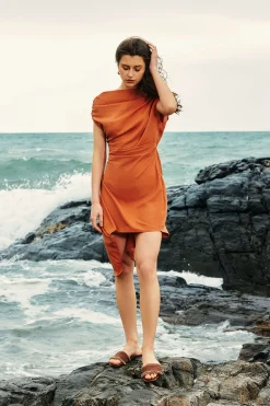Linen Asymmetric Ruched Mini Dress