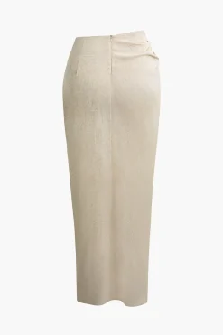 Linen Asymmetric Ruched Slit Midi Skirt