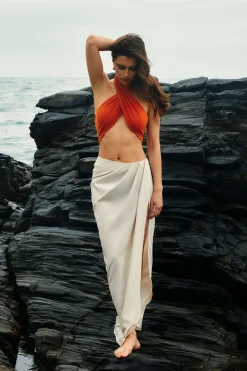 Linen Asymmetric Ruched Slit Midi Skirt