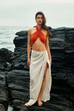 Linen Asymmetric Ruched Slit Midi Skirt