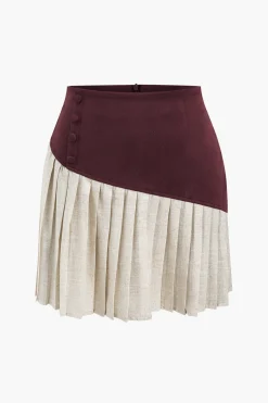 Linen Button Patchwork Pleated Skirt