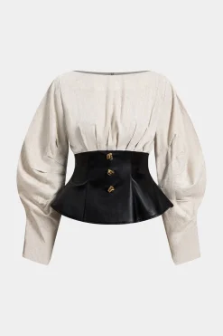 Linen Faux Leather Patchwork Long-Sleeve Shirt