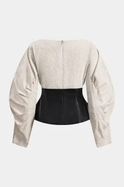 Linen Faux Leather Patchwork Long-Sleeve Shirt