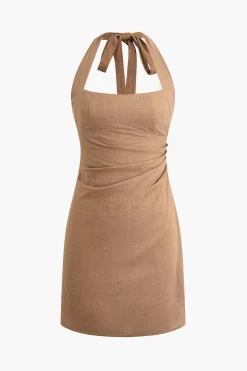 Linen Halter Neck Ruched Mini Dress