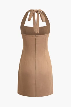 Linen Halter Neck Ruched Mini Dress