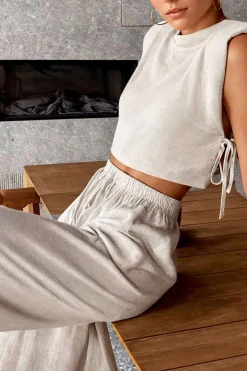 Linen Padded-Shoulder Tie Side Top And Drawstring Pants Set