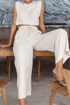 Linen Padded-Shoulder Tie Side Top And Drawstring Pants Set