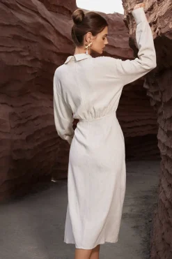 Linen Ruched Button-Up Slit Midi Shirt Dress