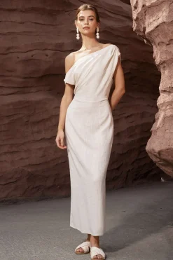 Linen Ruched Slit Midi Dress