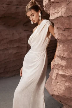 Linen Ruched Slit Midi Dress