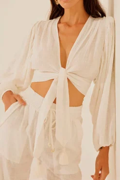 Linen V-neck Knot Ruched Crop Blouse