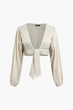 Linen V-neck Knot Ruched Crop Blouse